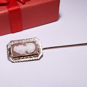 Antique Natural Carved Rectangular Cameo 10Kt 2Tone Gold Filigree Stick Pin23288